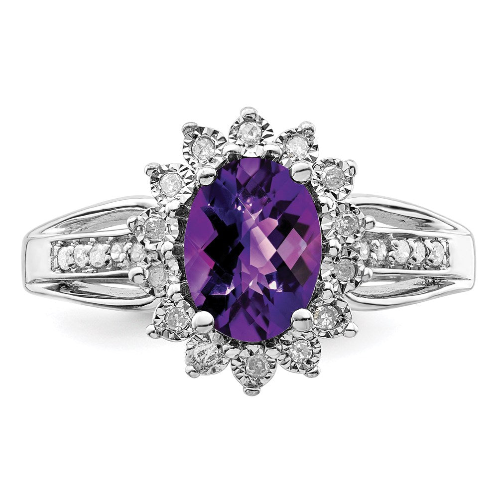 Sterling Silver Rhodium-plated Diamond & Amethyst Ring