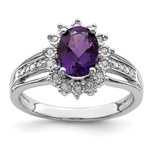 Sterling Silver Rhodium-plated Diamond & Amethyst Ring