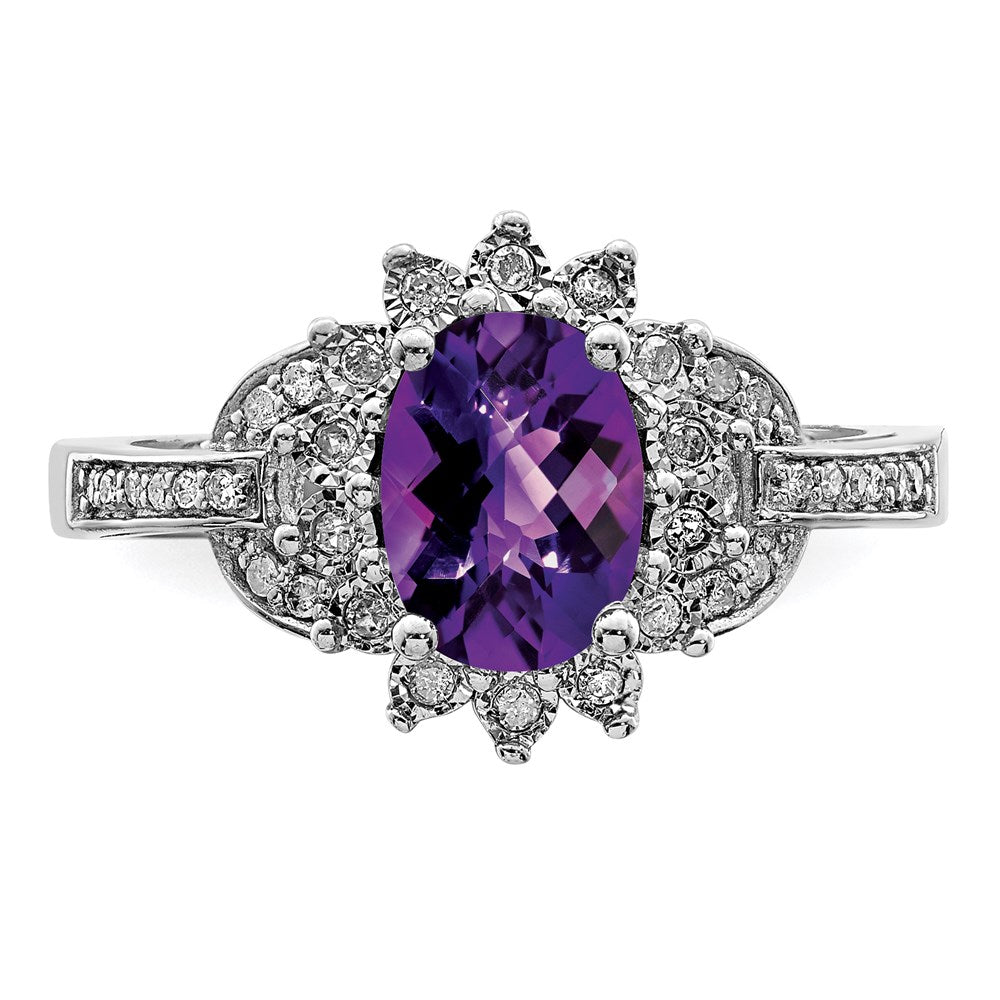 Sterling Silver Rhodium-plated Diamond & Checker-Cut Amethyst Ring