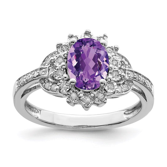 Sterling Silver Rhodium-plated Diamond & Checker-Cut Amethyst Ring