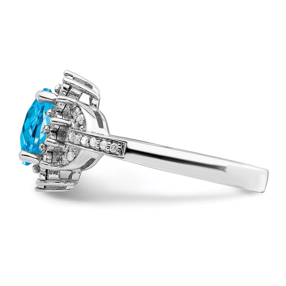 Sterling Silver Rhodium Diamond & Checker-Cut Blue Topaz Ring