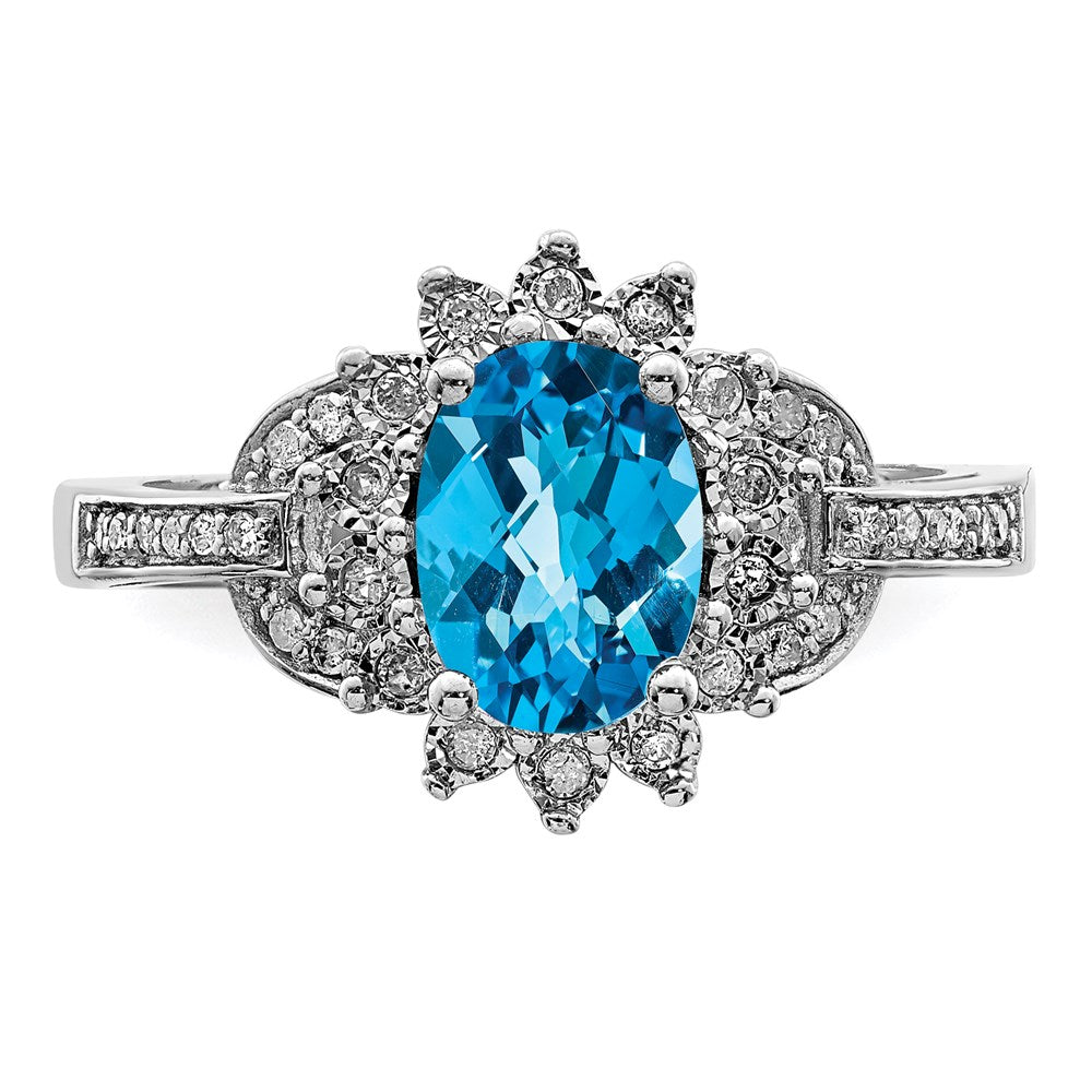 Sterling Silver Rhodium Diamond & Checker-Cut Blue Topaz Ring