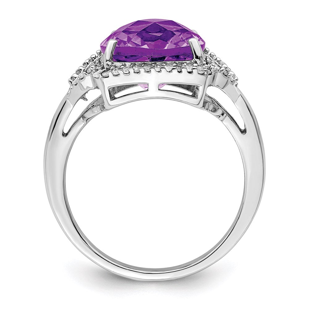 Sterling Silver Rhodium-plated Checker-Cut Amethyst & Diamond Ring