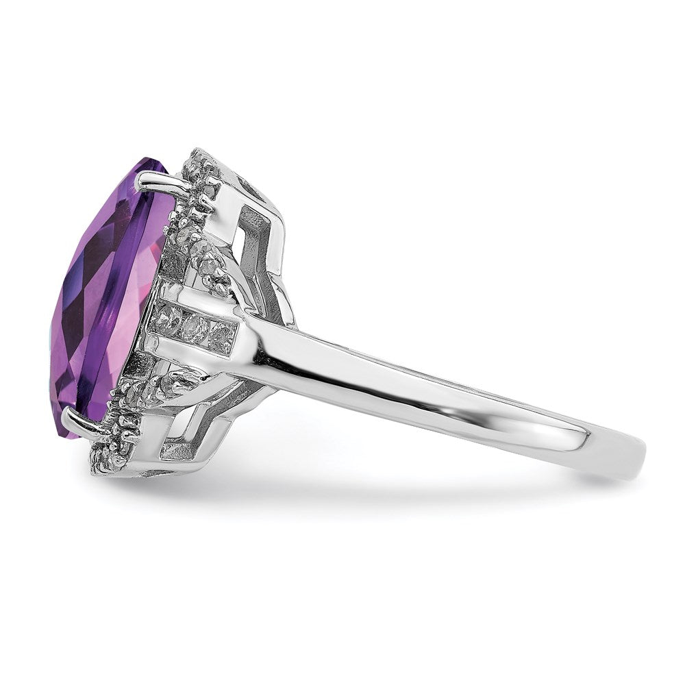 Sterling Silver Rhodium-plated Checker-Cut Amethyst & Diamond Ring