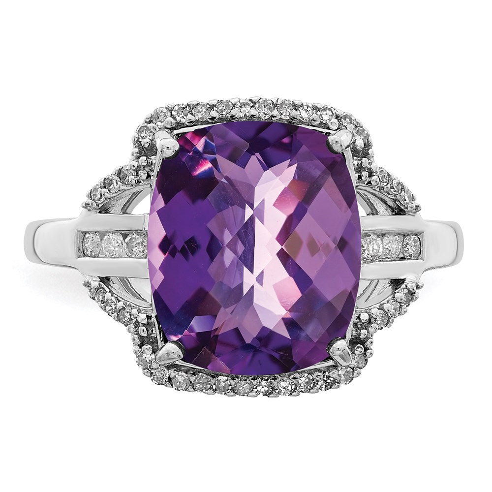 Sterling Silver Rhodium-plated Checker-Cut Amethyst & Diamond Ring