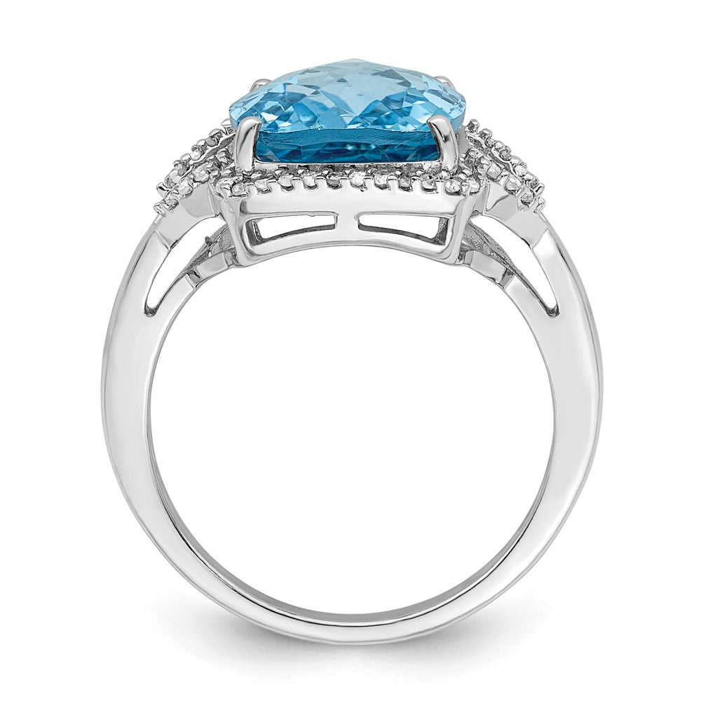 Sterling Silver Rhodium Checker-Cut Blue Topaz & Diamond Ring