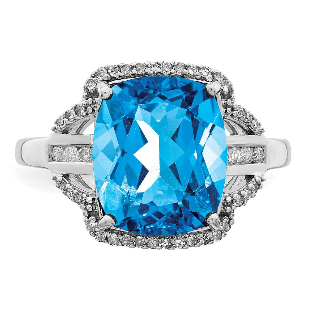 Sterling Silver Rhodium Checker-Cut Blue Topaz & Diamond Ring