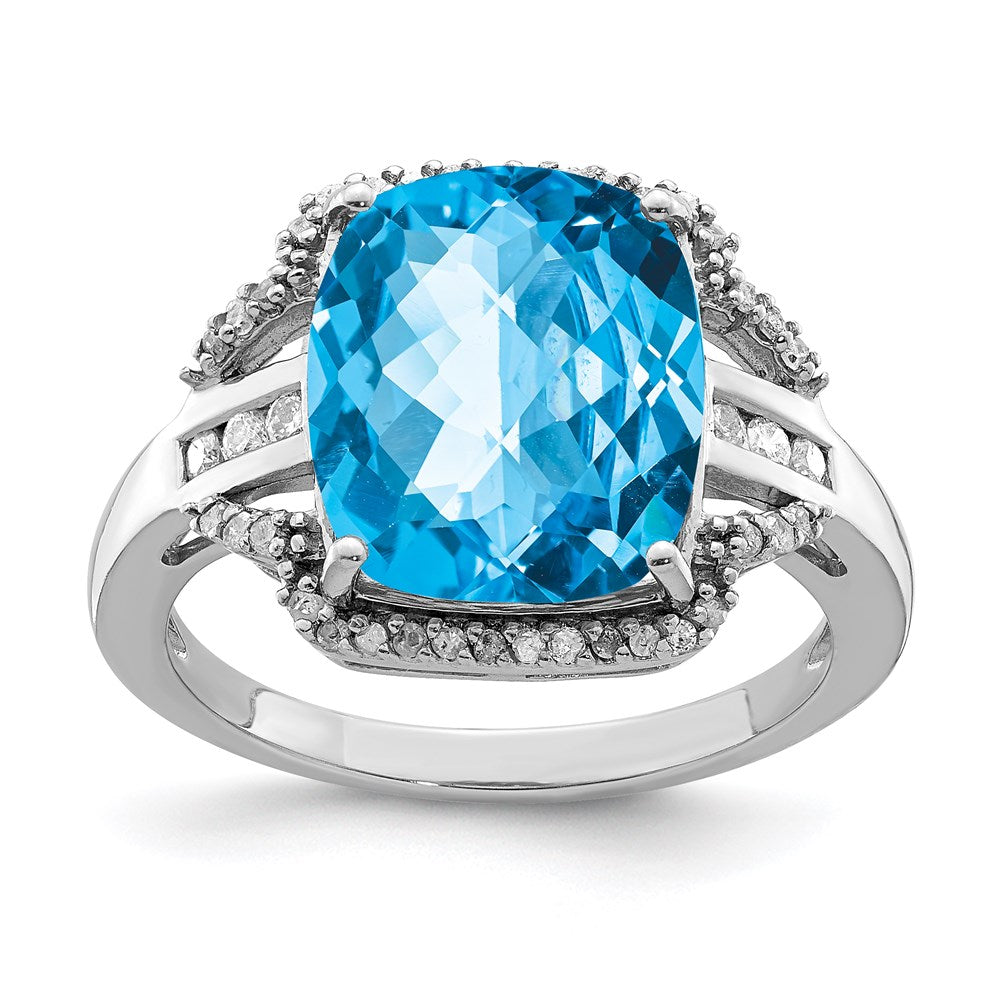 Sterling Silver Rhodium Checker-Cut Blue Topaz & Diamond Ring