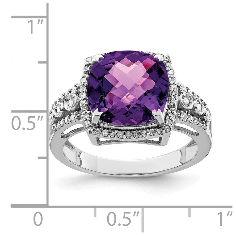 Sterling Silver Rhodium-plated Checker-Cut Amethyst & Diamond Ring