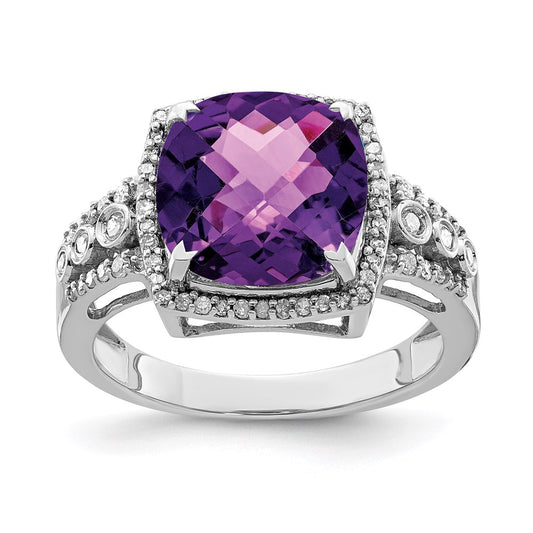 Sterling Silver Rhodium-plated Checker-Cut Amethyst & Diamond Ring