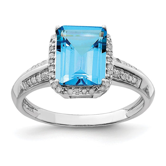 Sterling Silver Rhodium Blue Topaz & Diamond Ring