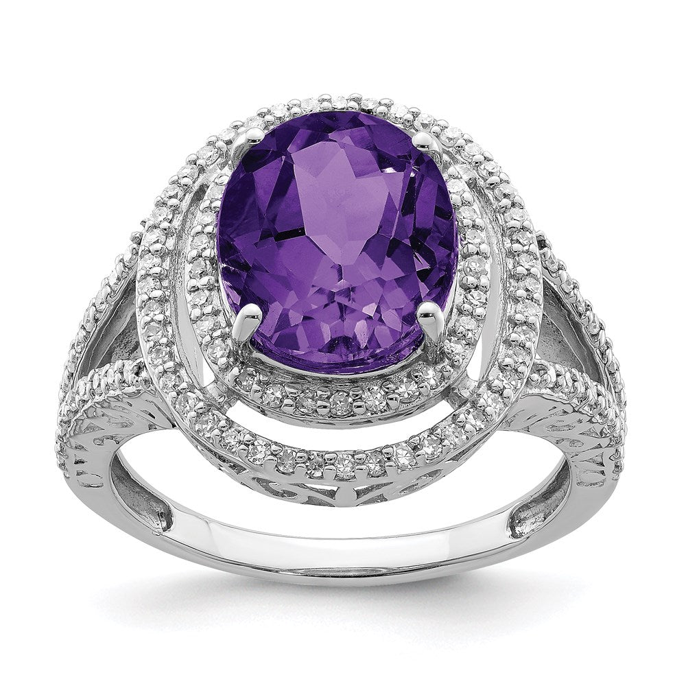 Sterling Silver Rhodium-plated Amethyst & Diamond Ring