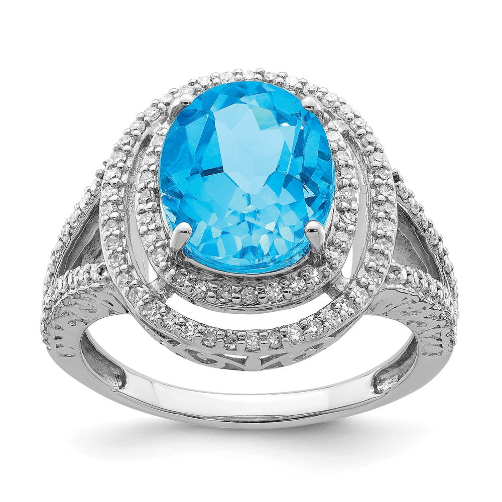 Sterling Silver Rhodium Blue Topaz & Diamond Ring