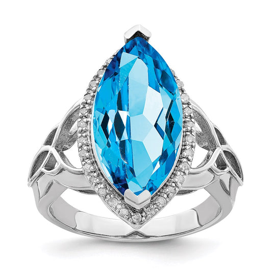 Sterling Silver Rhodium Blue Topaz & Diamond Ring