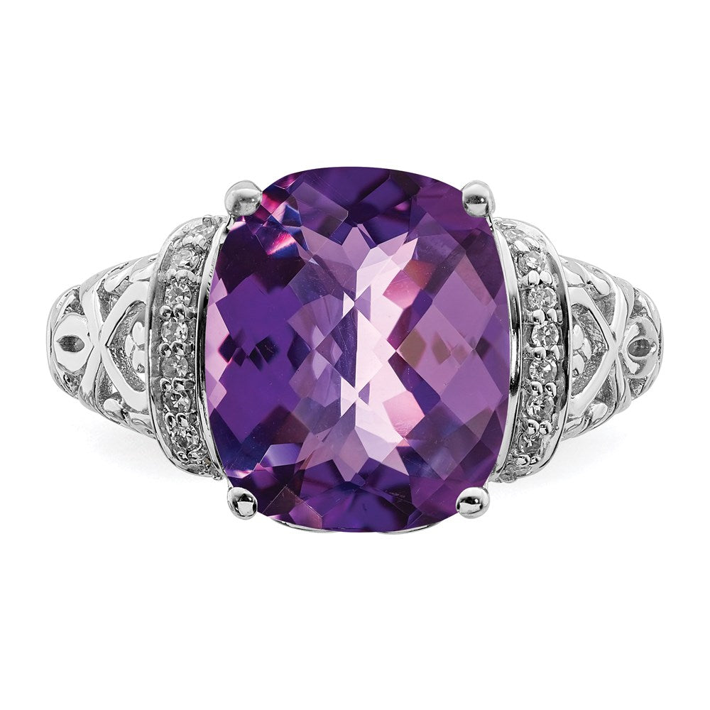 Sterling Silver Rhodium-plated Checker-Cut Amethyst & Diamond Ring