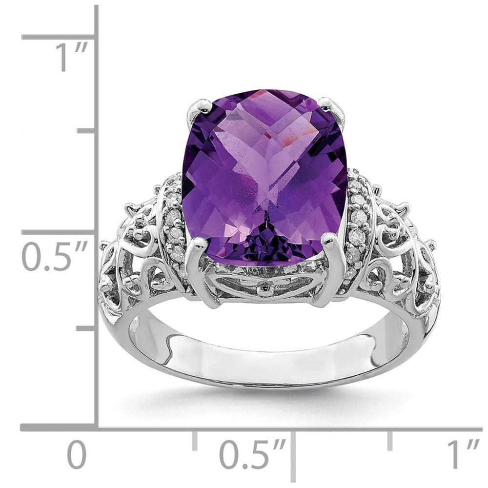 Sterling Silver Rhodium-plated Checker-Cut Amethyst & Diamond Ring