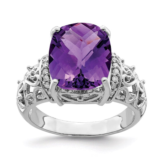 Sterling Silver Rhodium-plated Checker-Cut Amethyst & Diamond Ring