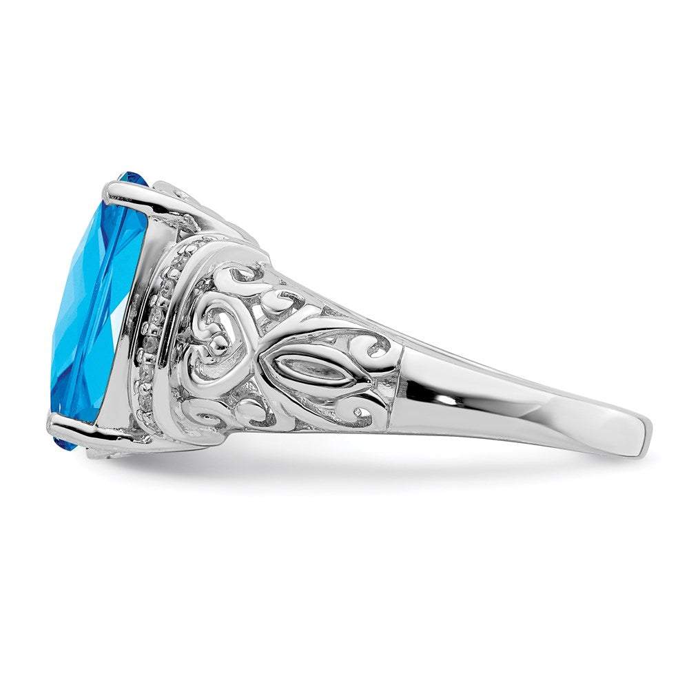 Sterling Silver Rhodium Checker-Cut Blue Topaz & Diamond Ring