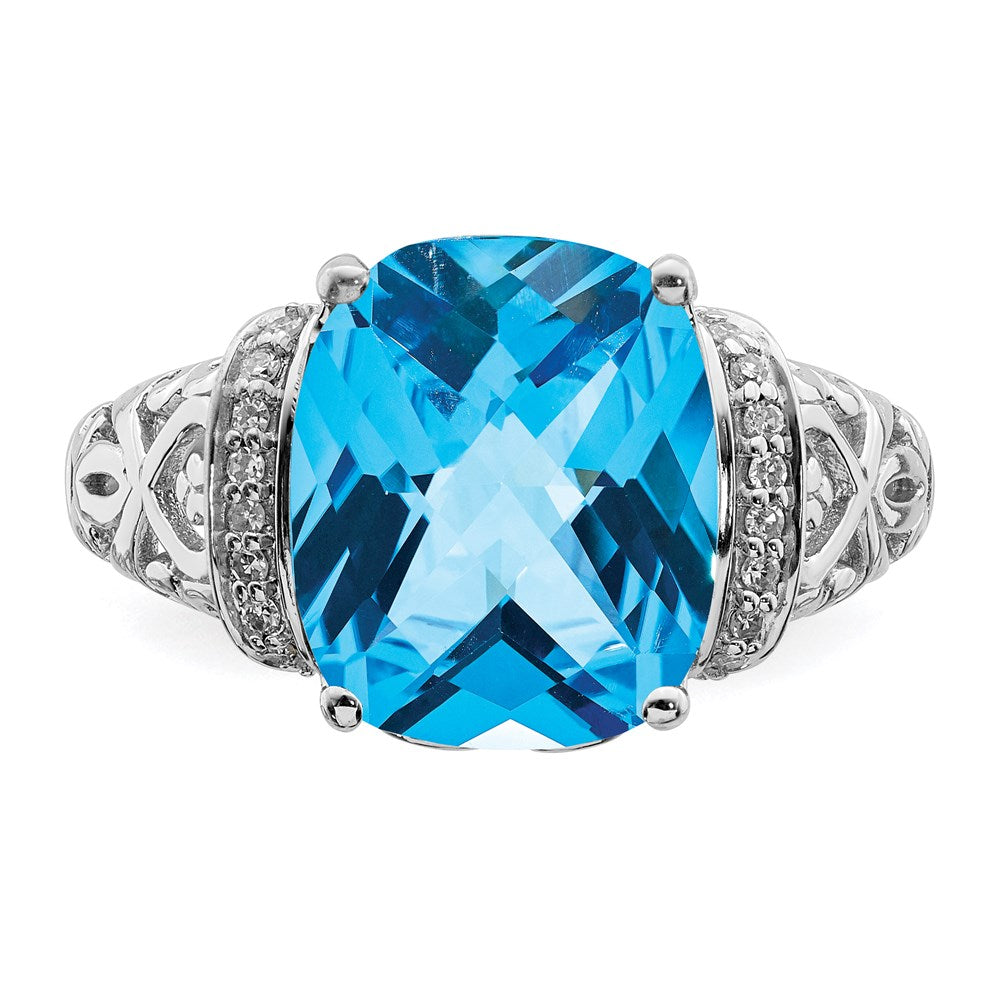 Sterling Silver Rhodium Checker-Cut Blue Topaz & Diamond Ring