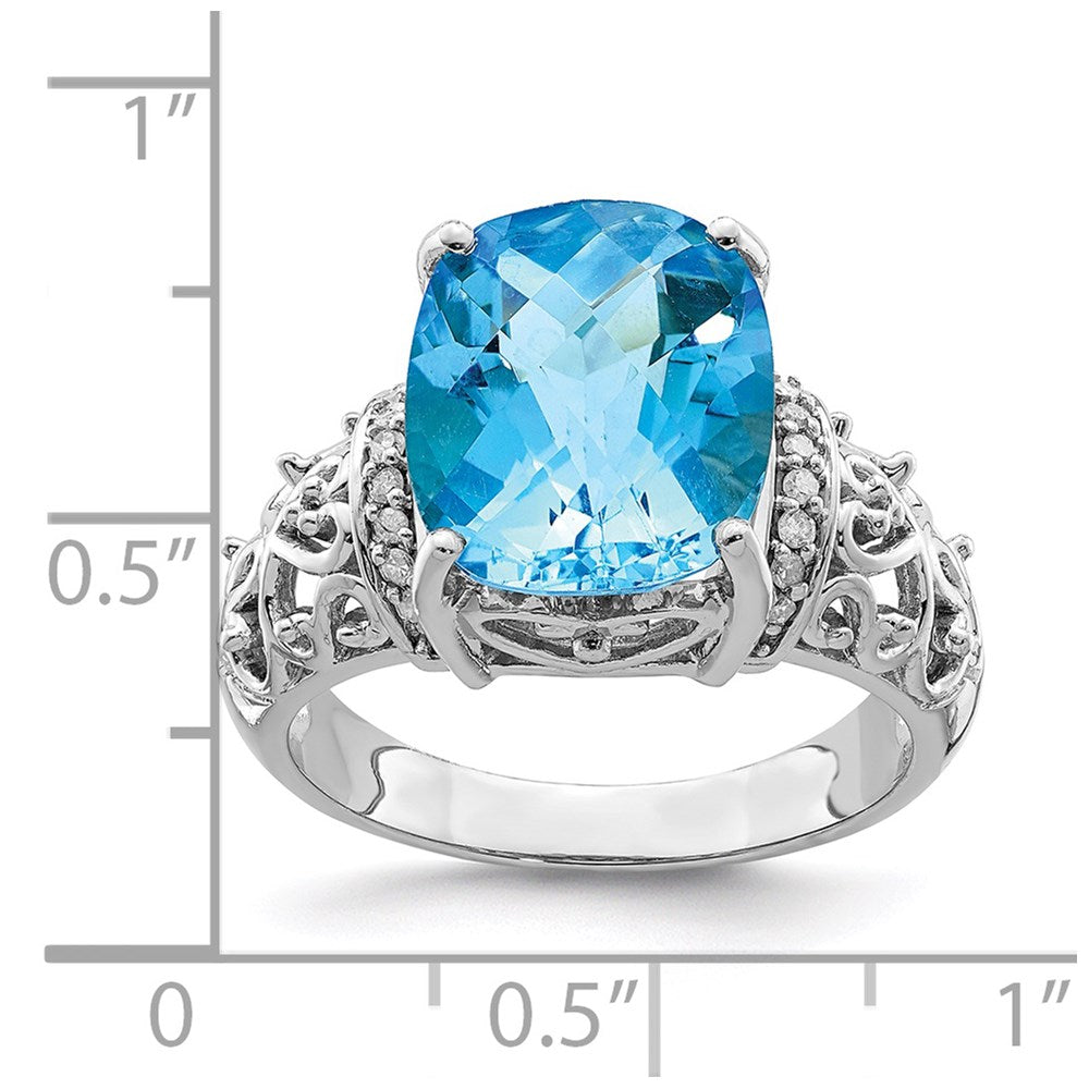 Sterling Silver Rhodium Checker-Cut Blue Topaz & Diamond Ring