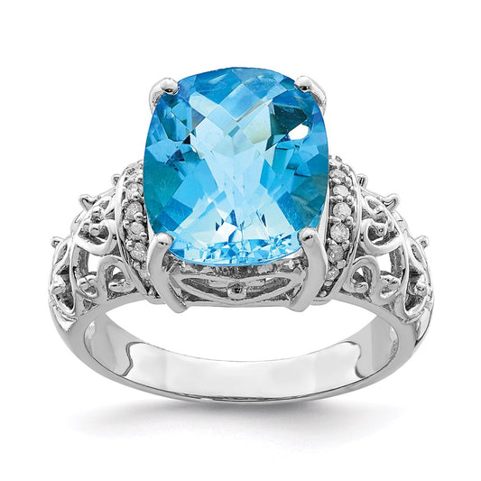 Sterling Silver Rhodium Checker-Cut Blue Topaz & Diamond Ring