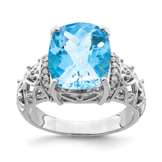 Sterling Silver Rhodium Diamond & Checker-Cut Sky Blue Topaz Ring