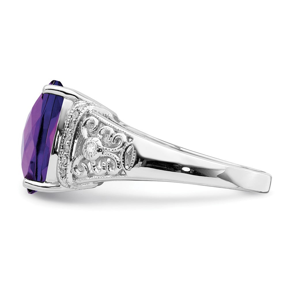 Sterling Silver Rhodium-plated Checker-Cut Amethyst & Diamond Ring