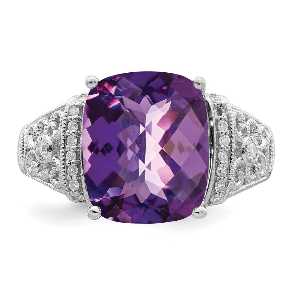 Sterling Silver Rhodium-plated Checker-Cut Amethyst & Diamond Ring