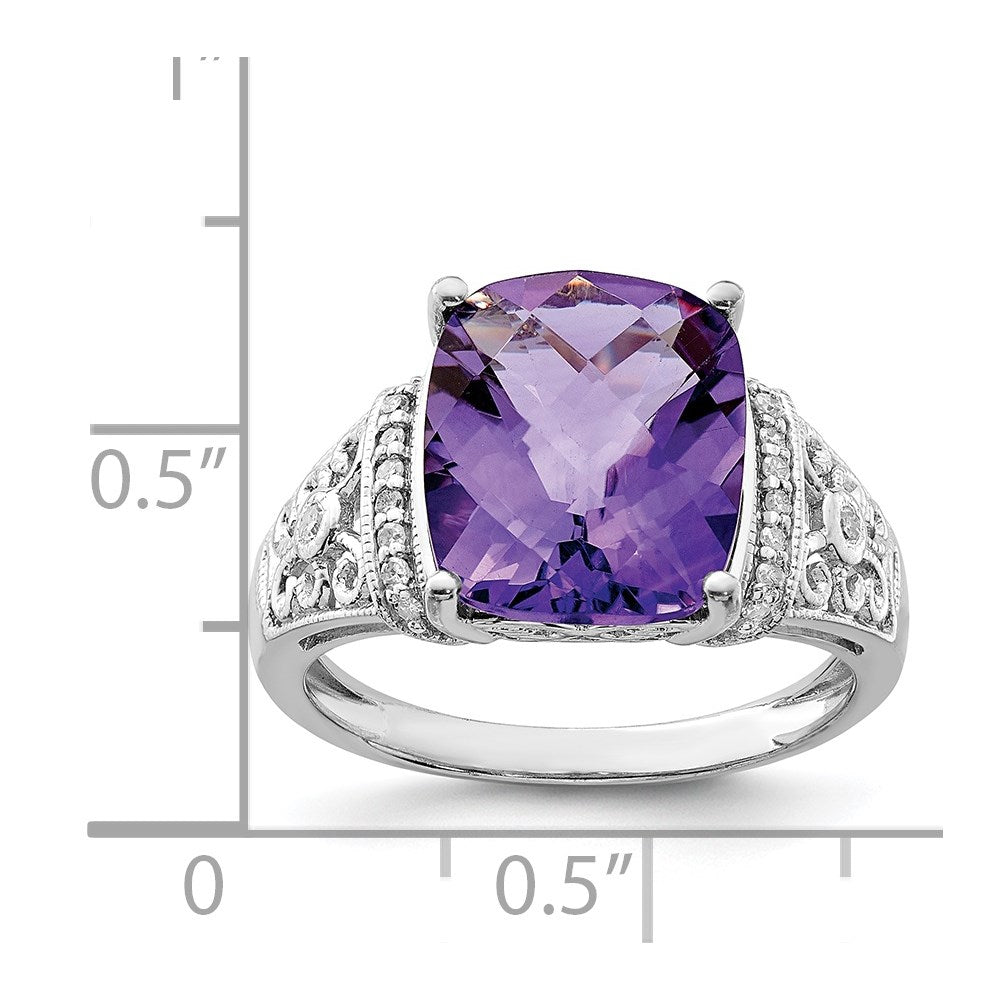 Sterling Silver Rhodium-plated Checker-Cut Amethyst & Diamond Ring