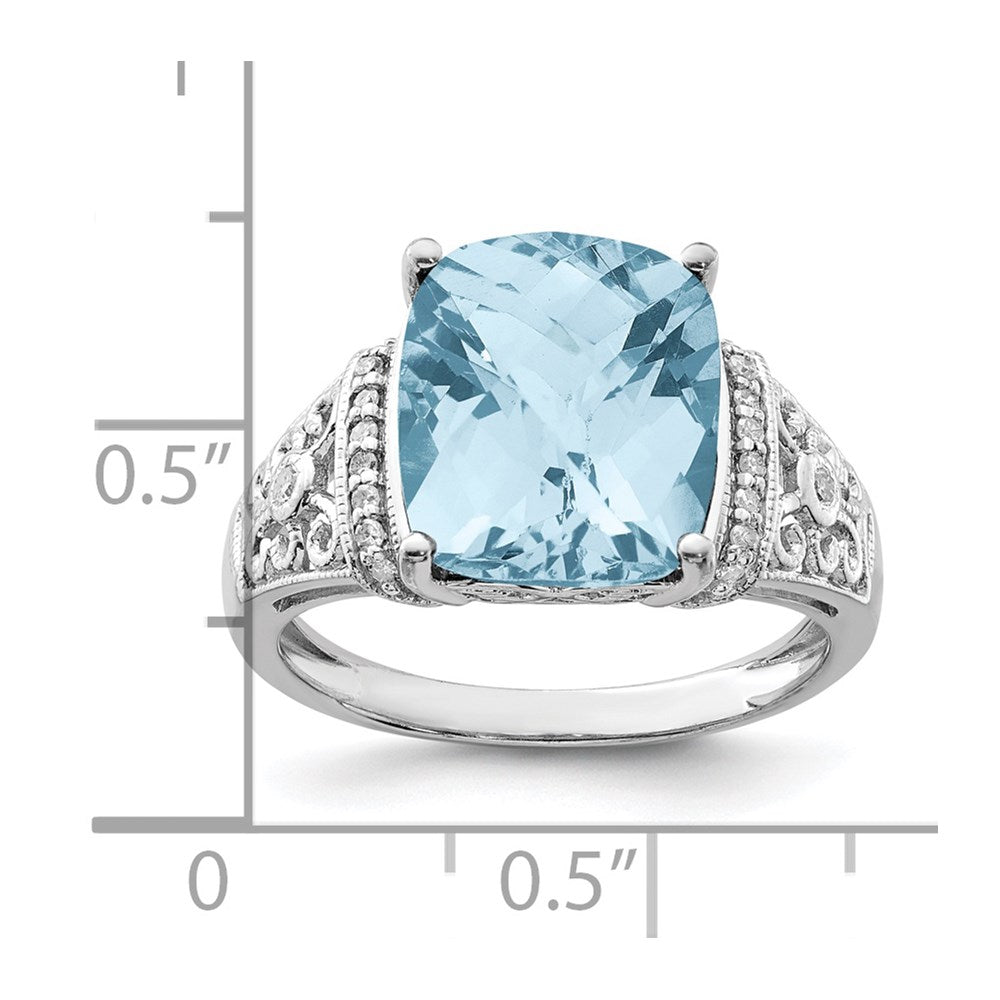 Sterling Silver Rhodium Diamond & Checker-Cut Sky Blue Topaz Ring