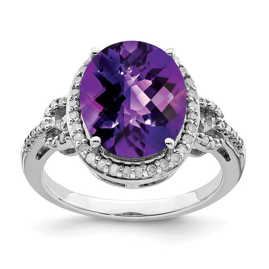 Sterling Silver Rhodium-plated Checker-Cut Amethyst & Diamond Ring