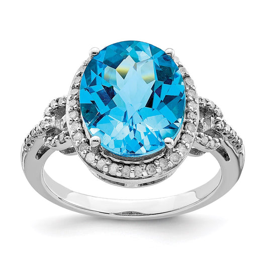 Sterling Silver Rhodium Checker-Cut Blue Topaz & Diamond Ring