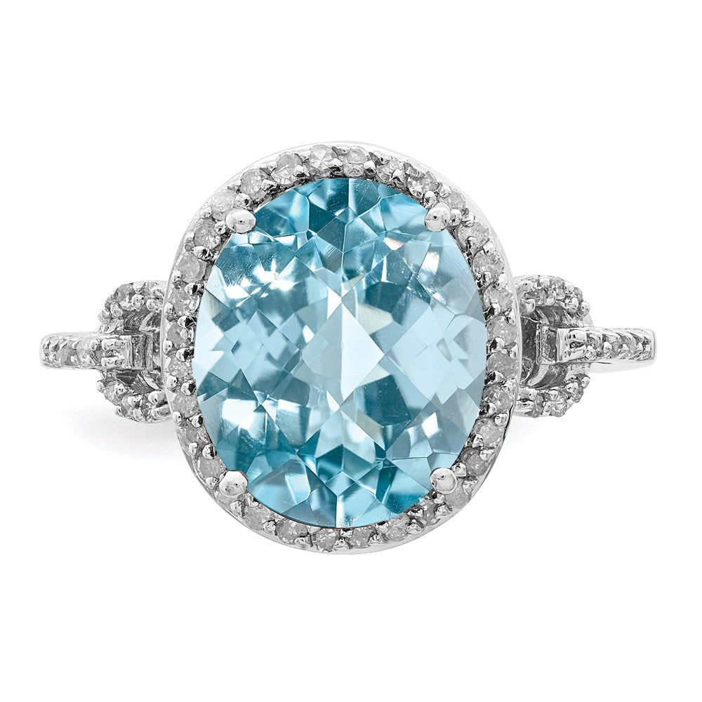 Sterling Silver Rhodium Diamond & Checker-Cut Sky Blue Topaz Ring