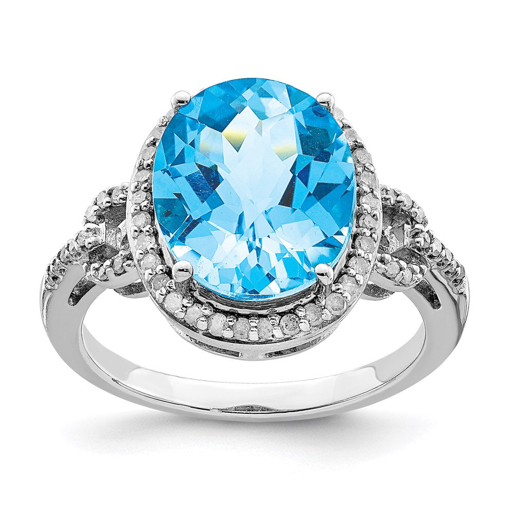 Sterling Silver Rhodium Diamond & Checker-Cut Sky Blue Topaz Ring