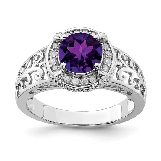 Sterling Silver Rhodium-plated Amethyst & Diamond Ring