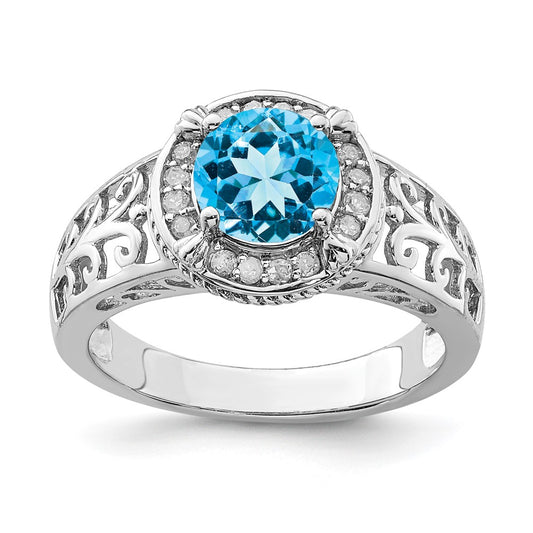 Sterling Silver Rhodium Blue Topaz & Diamond Ring