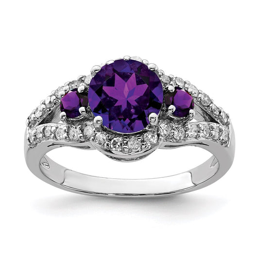 Sterling Silver Rhodium-plated Amethyst & Diamond Ring