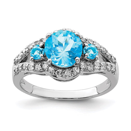 Sterling Silver Rhodium Blue Topaz & Diamond Ring