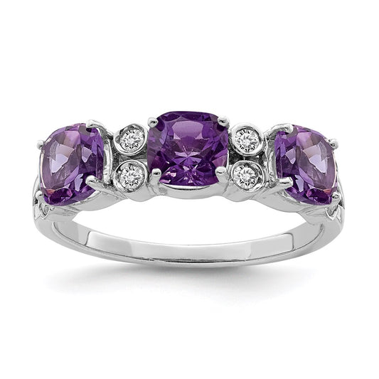 Sterling Silver Rhodium-plated Amethyst & Diamond Ring