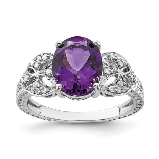 Sterling Silver Rhodium-plated Amethyst & Diamond Ring