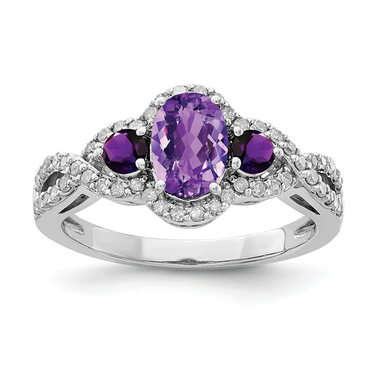 Sterling Silver Rhodium-plated Amethyst & Diamond Ring