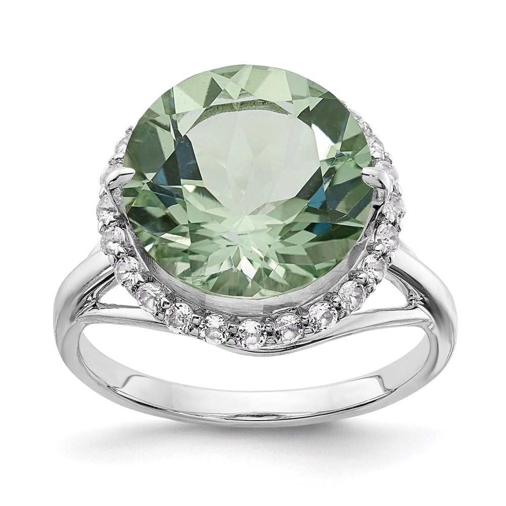 Sterling Silver Rhodium White Topaz & Green Quartz Ring