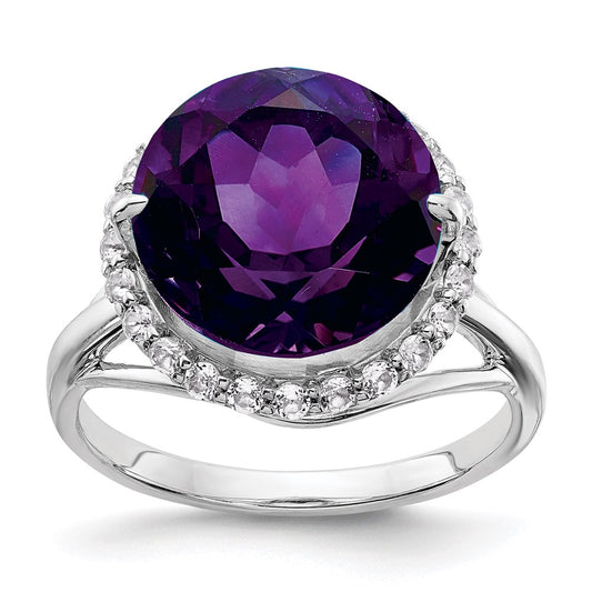 Sterling Silver Rhodium-plated White Topaz & Amethyst Ring