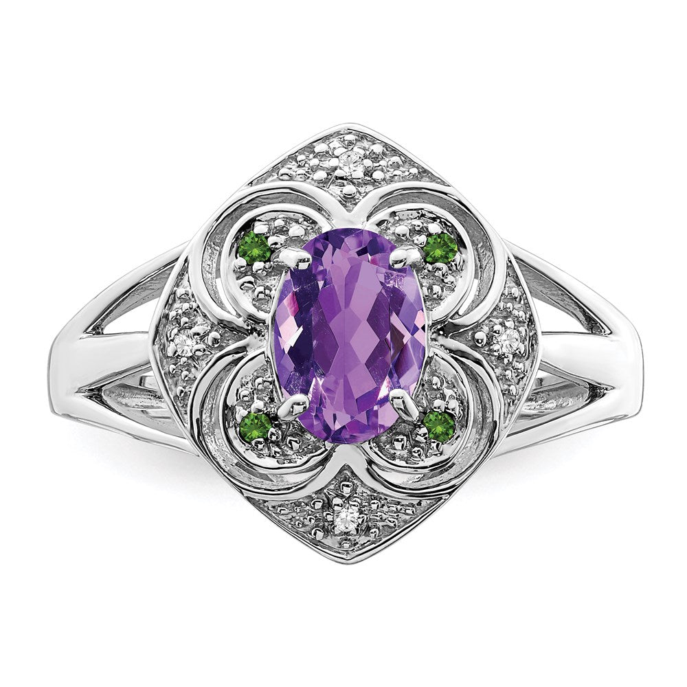 Sterling Silver Rhodium-plated Diamond & Amethyst Ring