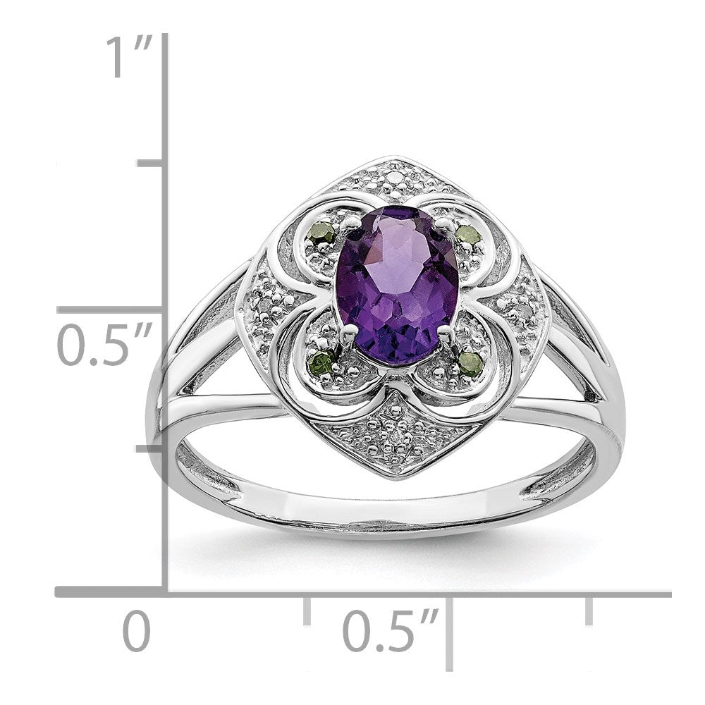 Sterling Silver Rhodium-plated Diamond & Amethyst Ring