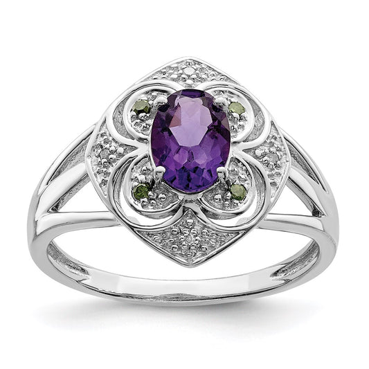 Sterling Silver Rhodium-plated Diamond & Amethyst Ring