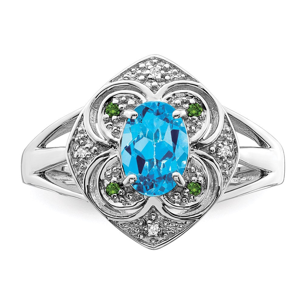 Sterling Silver Rhodium Blue Topaz & Diamond Ring