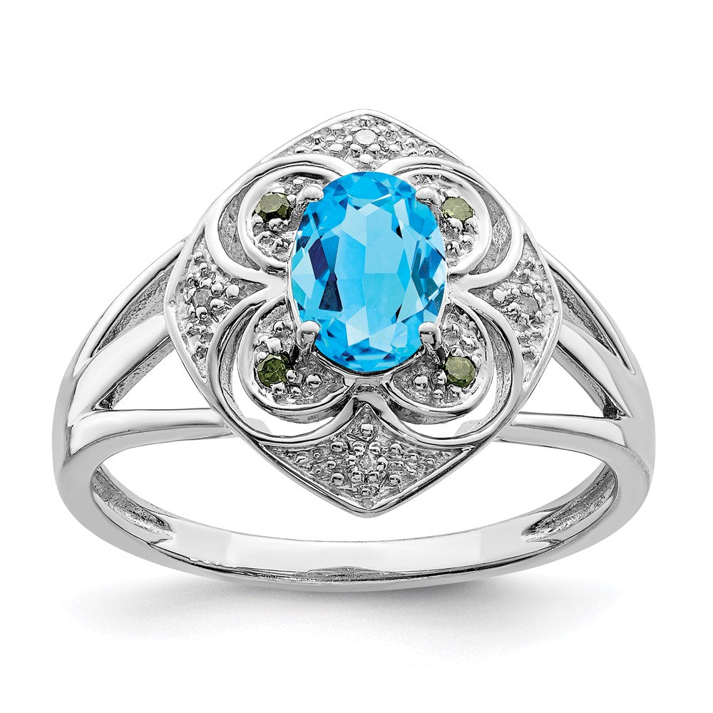 Sterling Silver Rhodium Blue Topaz & Diamond Ring