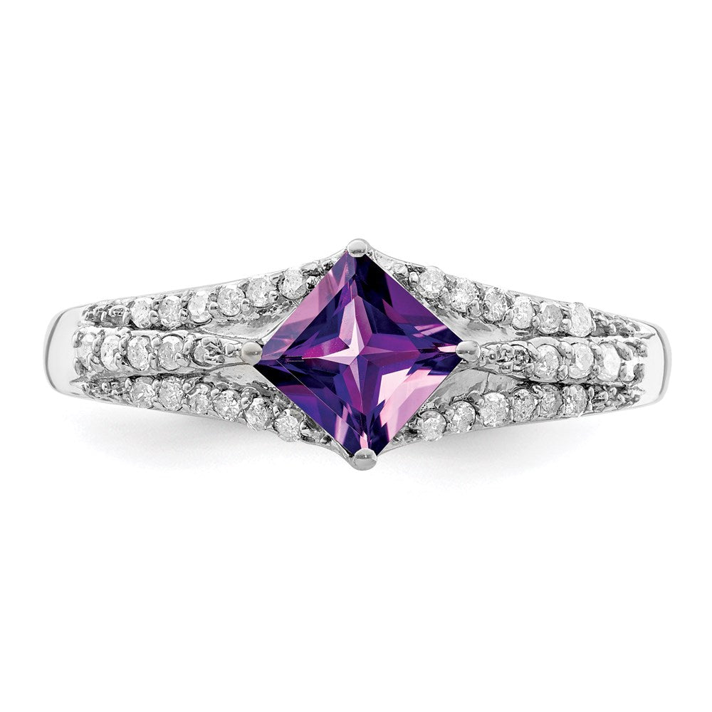 Sterling Silver Rhodium-plated Diamond & Amethyst Ring