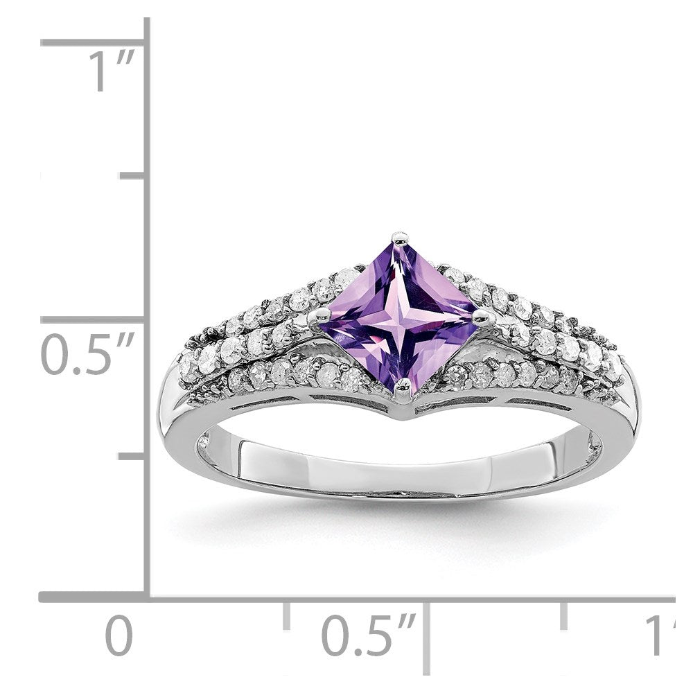 Sterling Silver Rhodium-plated Diamond & Amethyst Ring